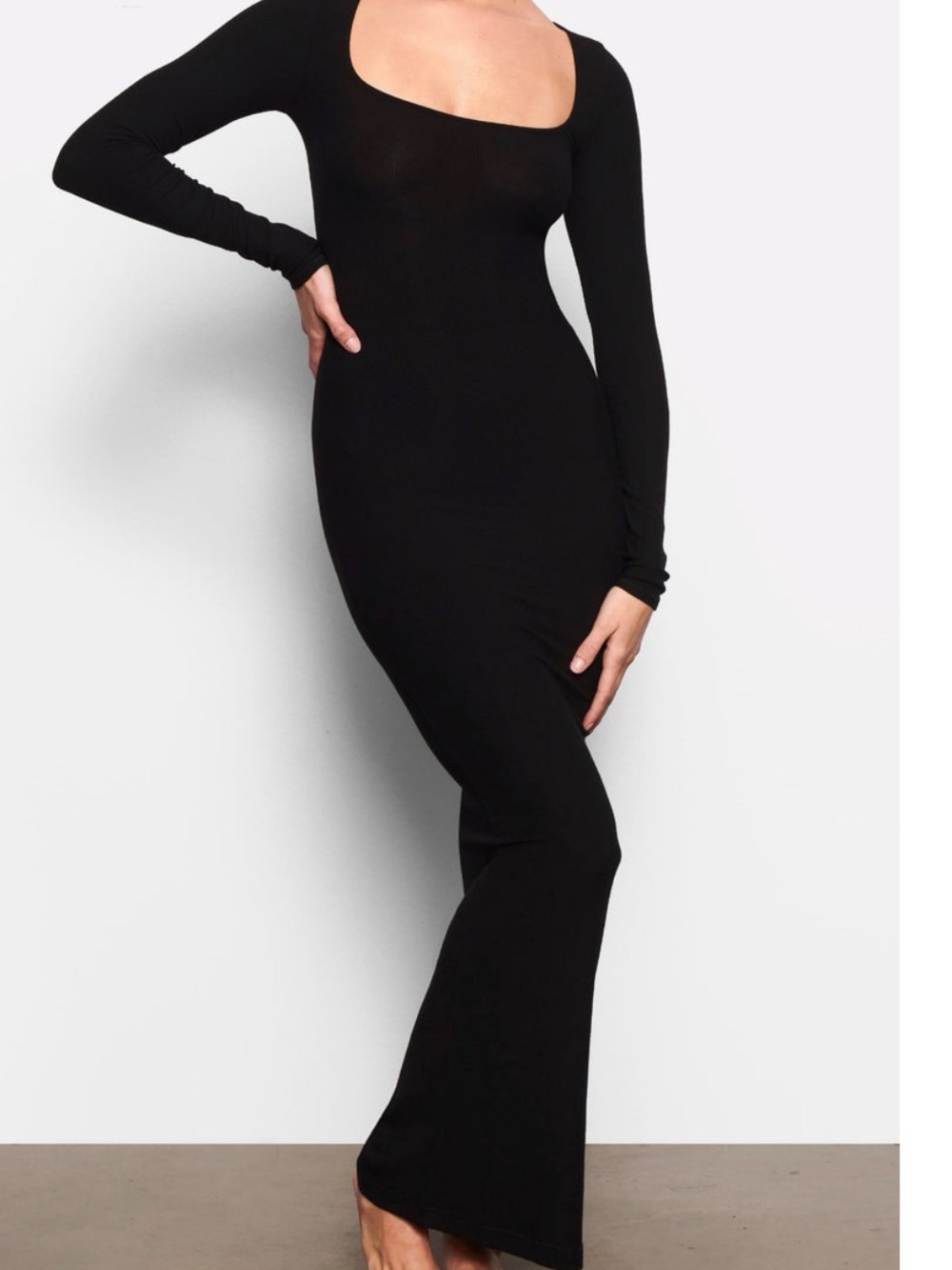 Nwt! SKIMS Black Long Sleeve Square Neck Maxi Dress